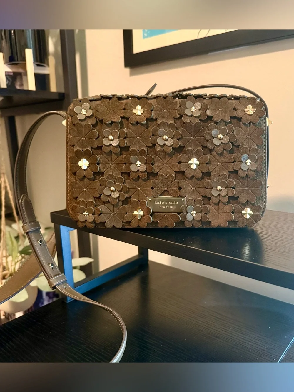 Kate Spade Brown Suede Floral Appliqué Crossbody Bag